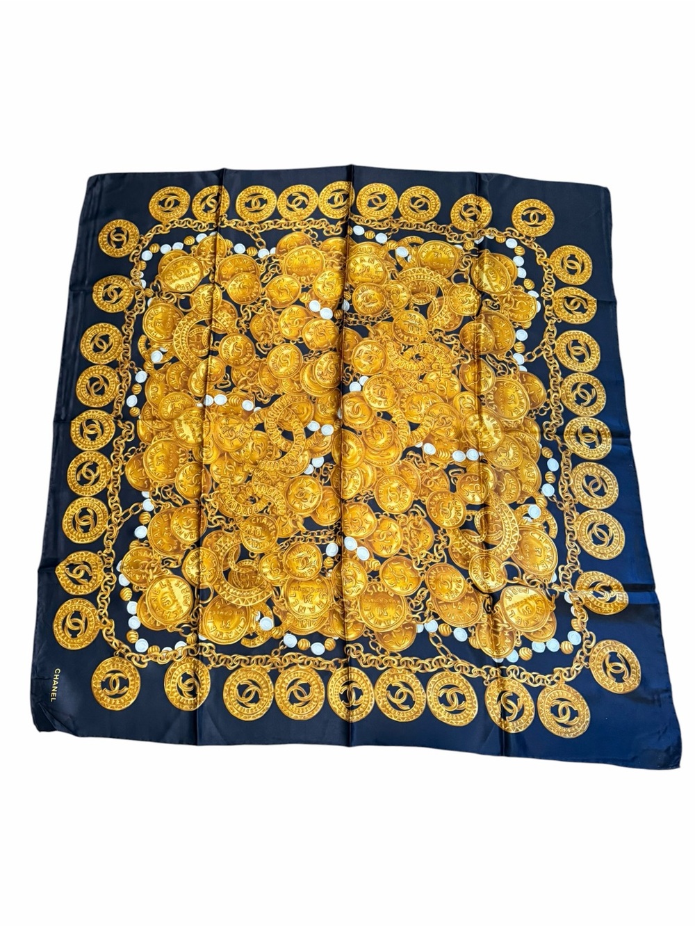 Chanel Navy & Gold Coin Print Silk Scarf